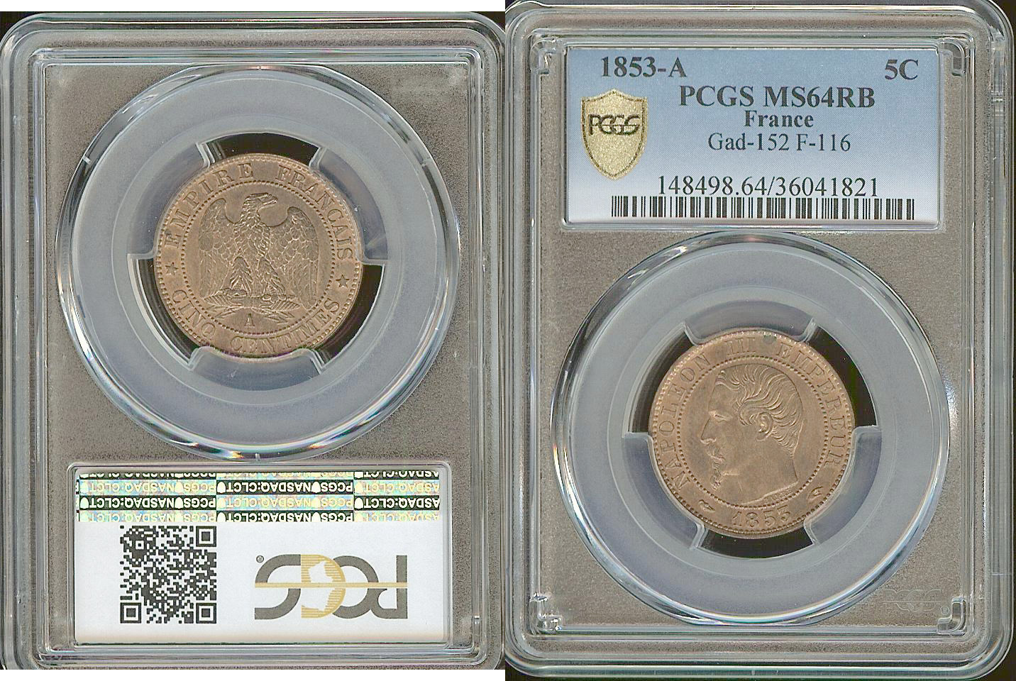 5 centimes Napoleon III 1853A PCGS MS64RB